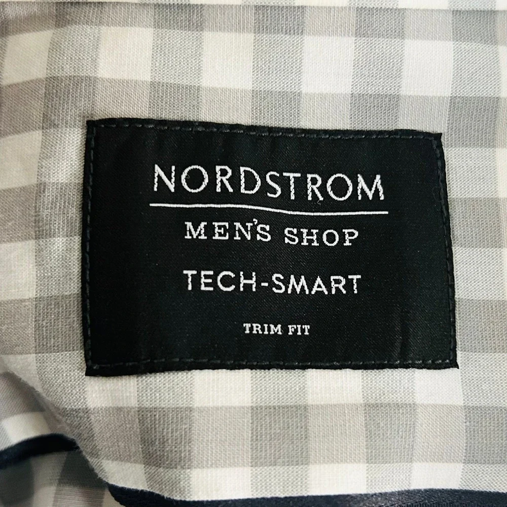Nordstrom 16.5 34/35 Tech Smart Trim Fit Dress Shirt Gray Plaid Cotton Blend